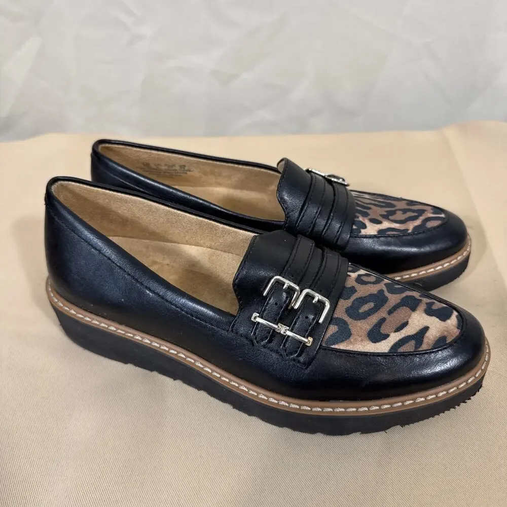 Naturalizer Morrison Loafers Womens 8.5 Black Leopard Double Buckle Lug Sole